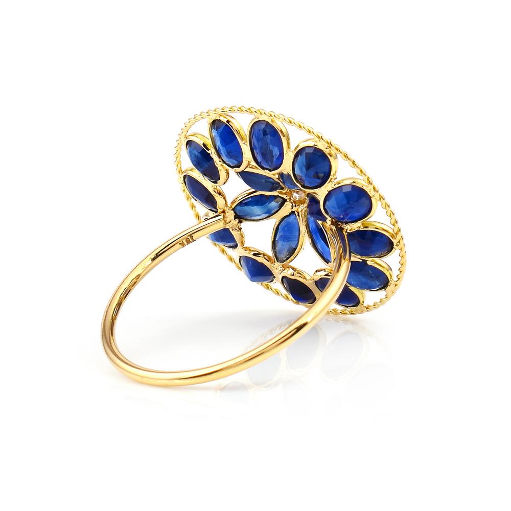 Women's or Men's Blue Sapphire and Diamond Floral Ring, 18K Yellow Gold