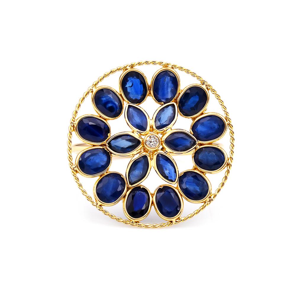 Blue Sapphire and Diamond Floral Ring, 18K Yellow Gold 1