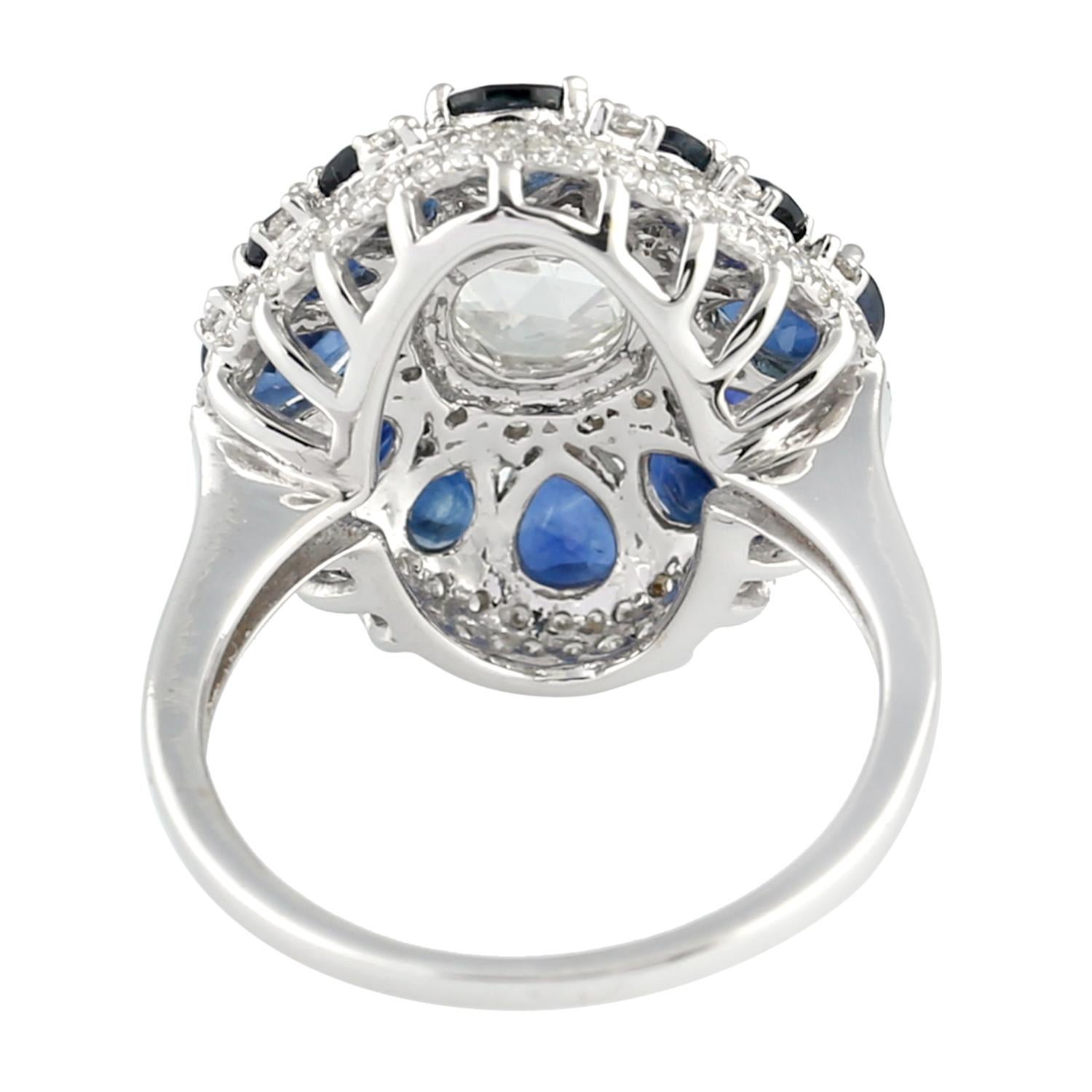 Modern Blue Sapphire and Diamond Floral Ring in 18 Karat White Gold