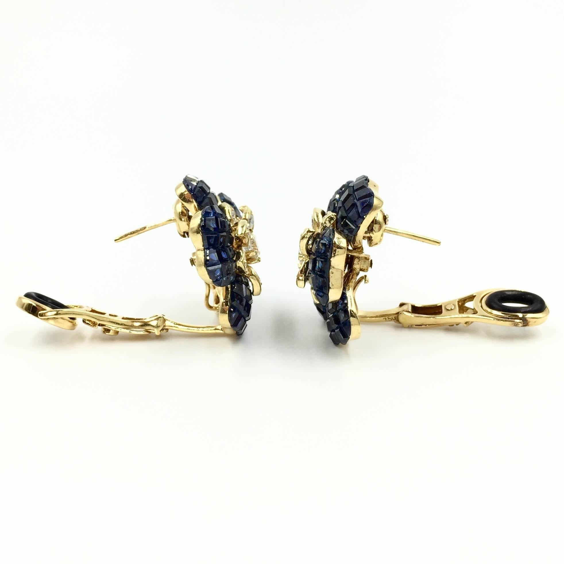 Blue Sapphire and Diamond Flower Earrings 18 Karat Yellow Gold For Sale 2