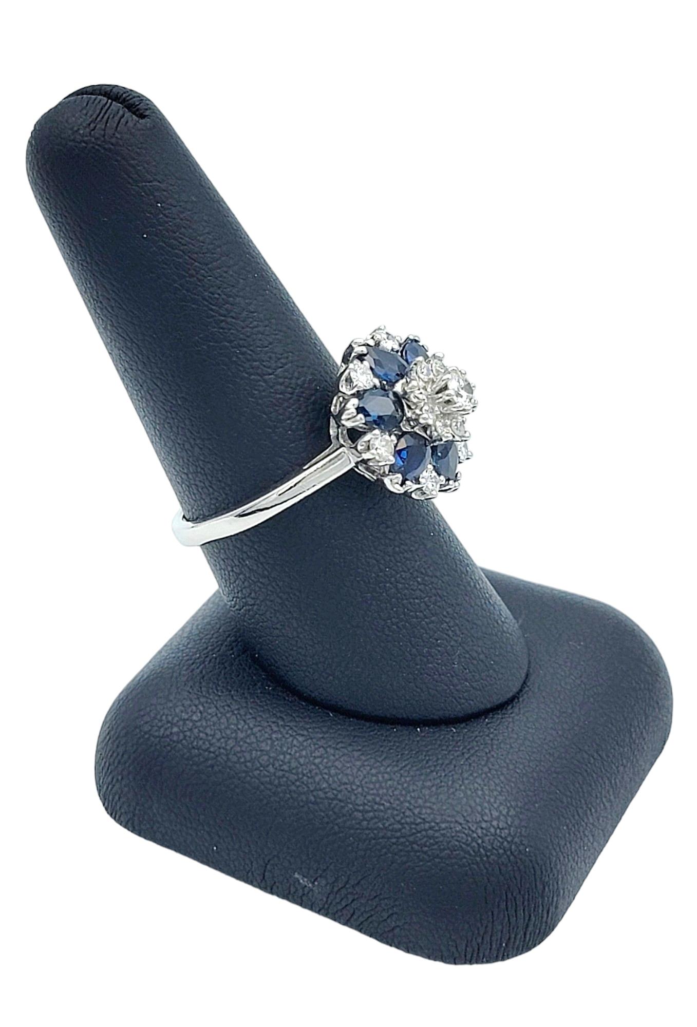 Blue Sapphire and Diamond Flower Motif Cocktail Ring Set in 14 Karat White Gold For Sale 2