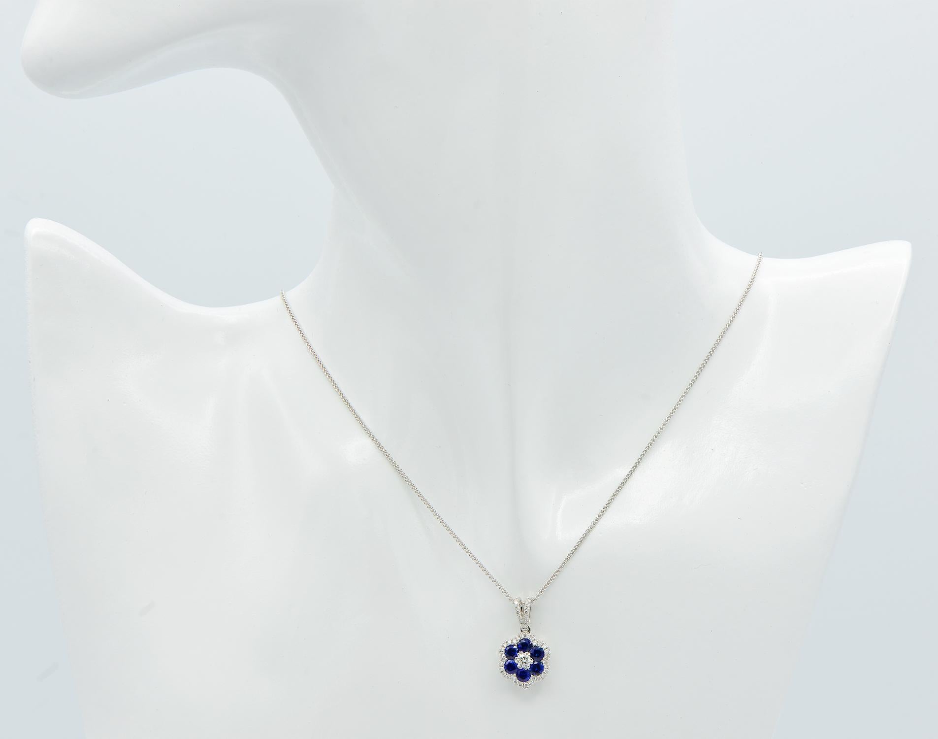 Round Cut Blue Sapphire and Diamond Flower Pendant For Sale