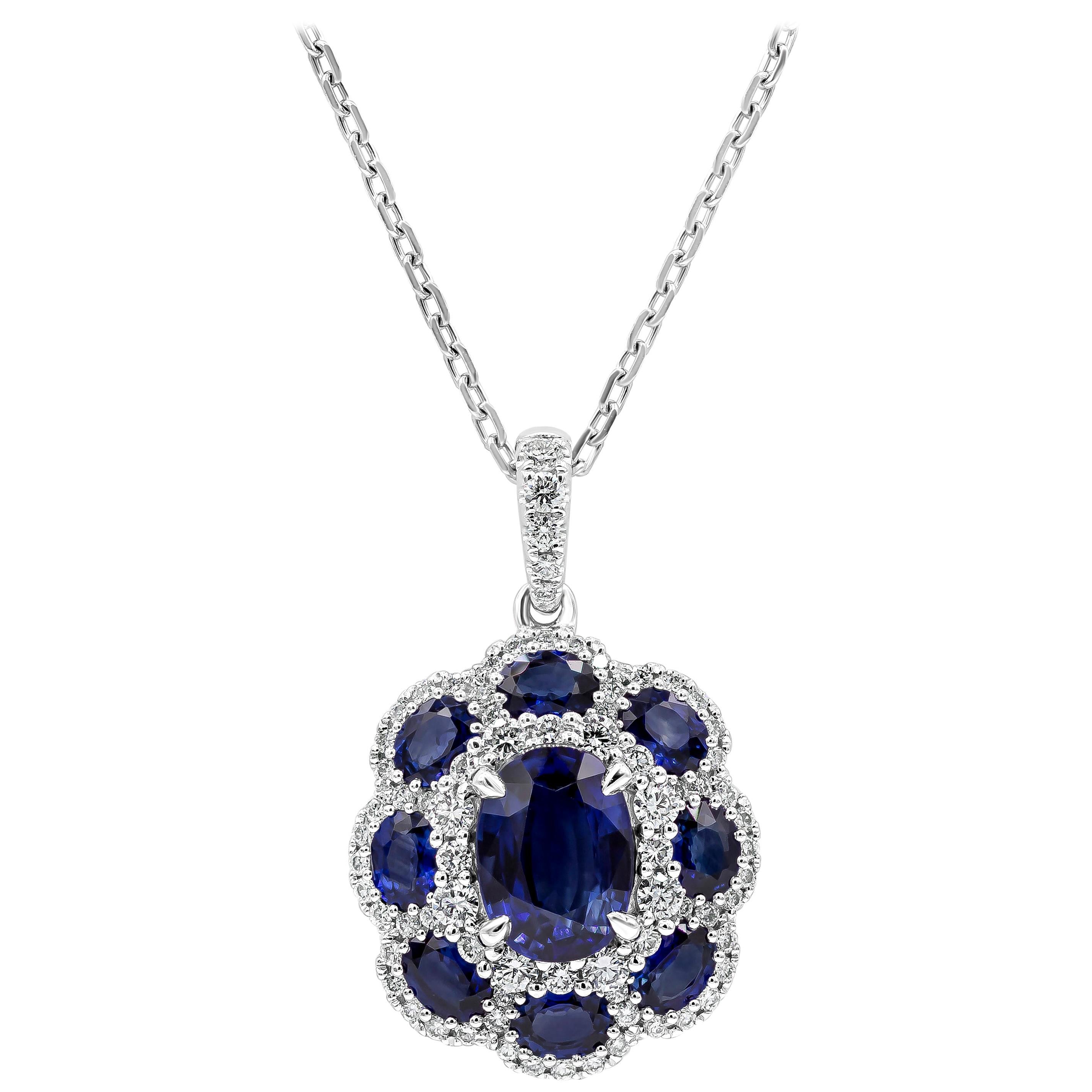 Roman Malakov 3.88 Carats Oval Cut Blue Sapphire and Diamond Pendant Necklace For Sale