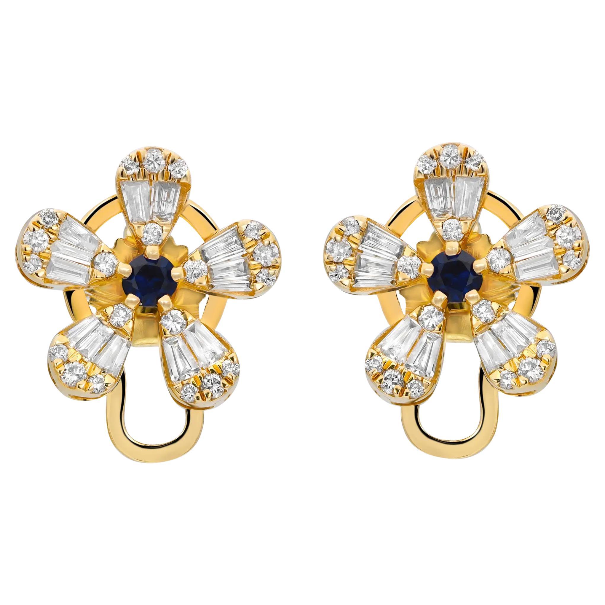 Blue Sapphire And Diamond Flower Stud Earrings 14K Yellow Gold 1.42Cttw