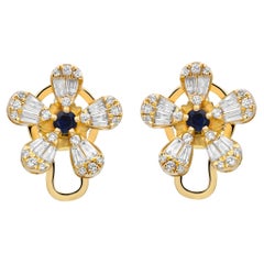 Blumen-Ohrstecker aus 14K Gelbgold mit blauem Saphir und Diamant 1,42 Gesamtkaratgewicht