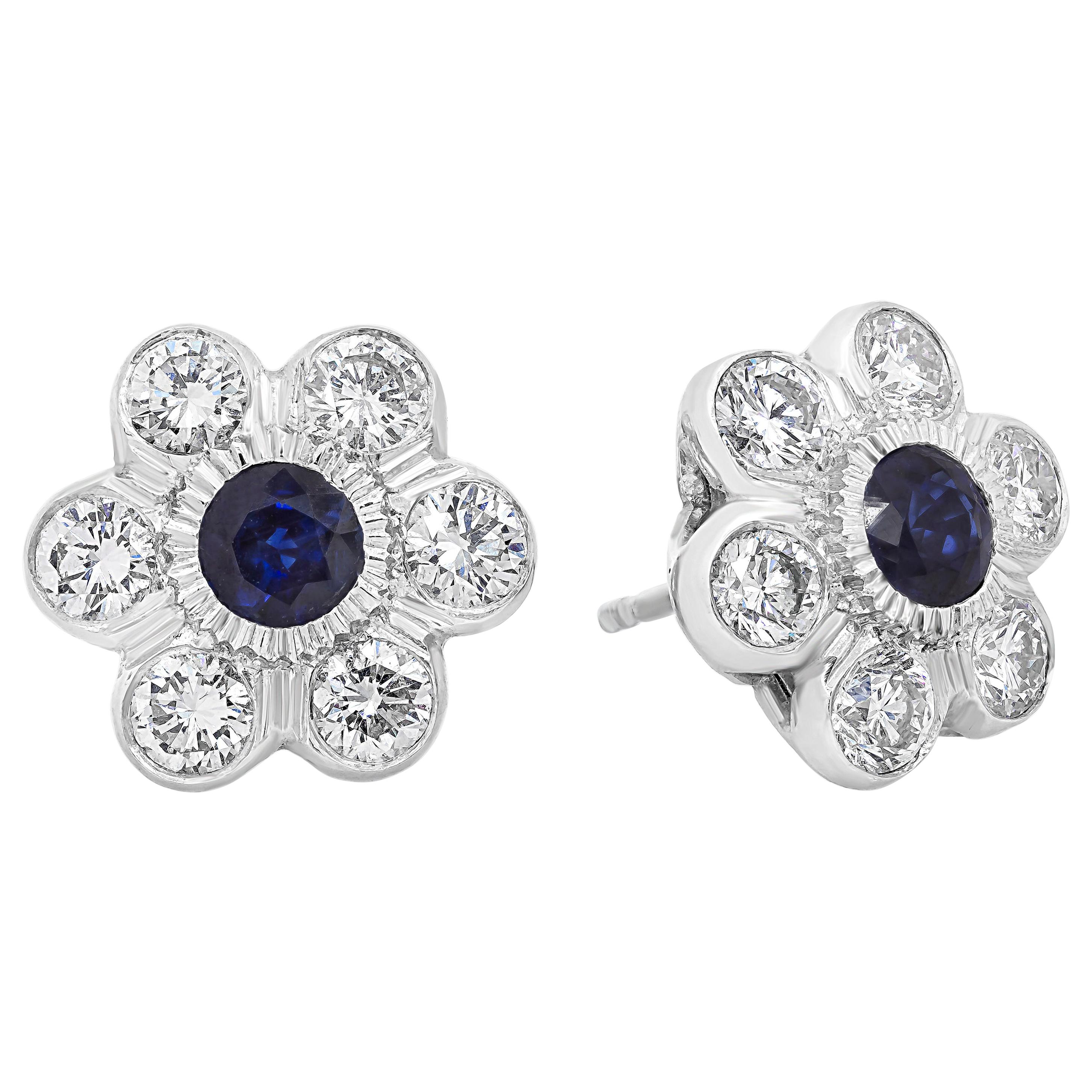Roman Malakov 1.33 Carats Total Round Blue Sapphire and Diamond Stud Earrings For Sale