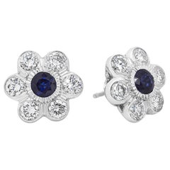Roman Malakov, Blue Sapphire and Diamond Flower Stud Earrings