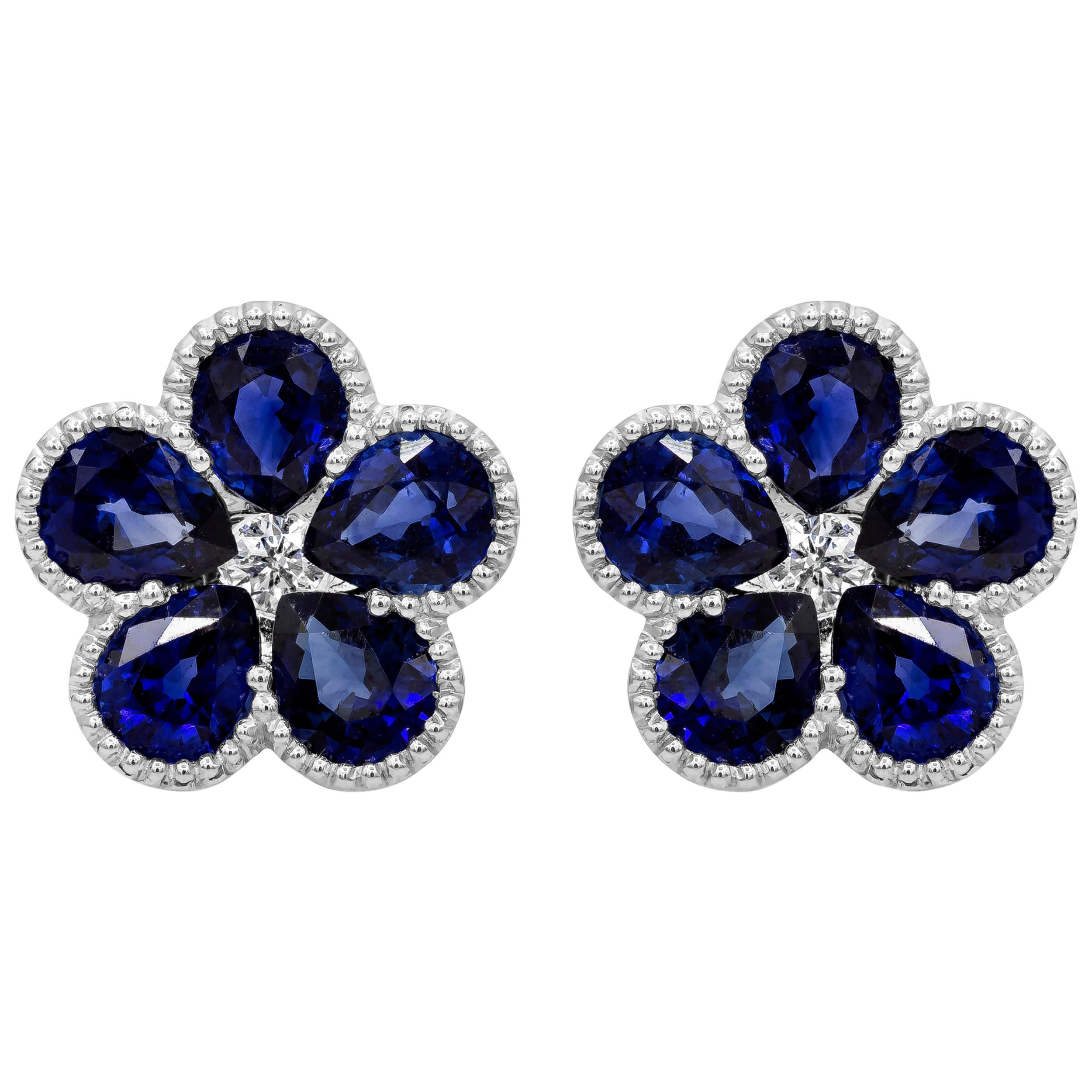 Roman Malakov, Blue Sapphire and Diamond Flower Stud Earrings