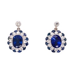 Blue Sapphire and Diamond Gold Drop Earrings Estate Fine Jewelry