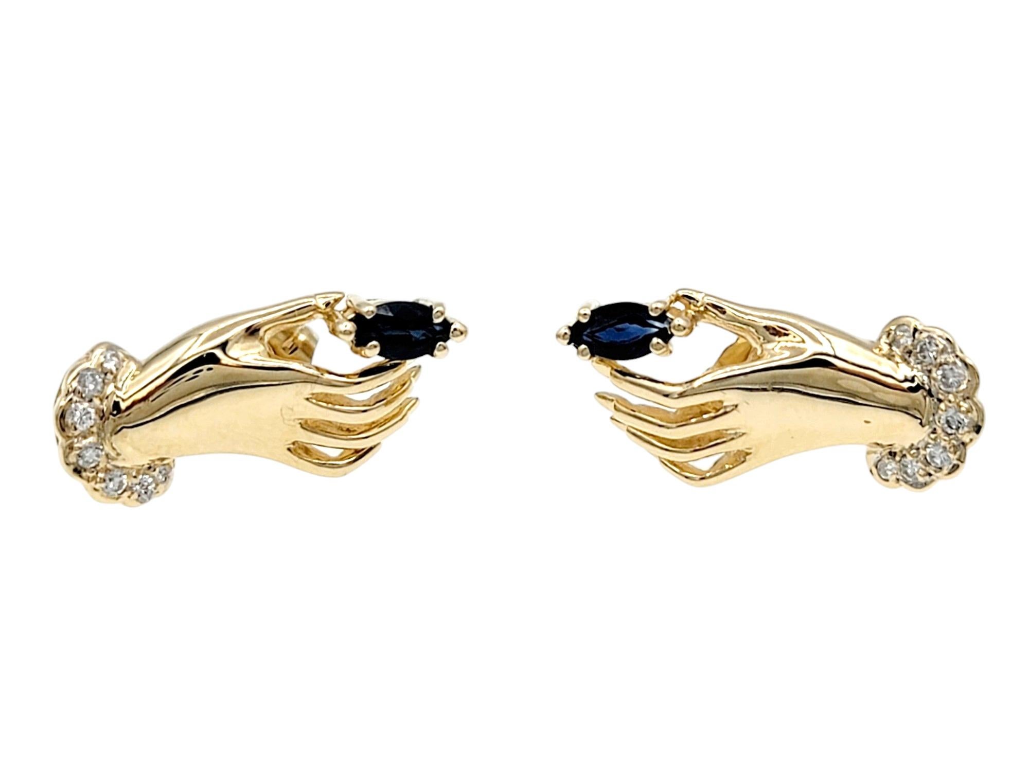 Contemporary Blue Sapphire and Diamond Graceful Hands Stud Earrings in 14 Karat Yellow Gold For Sale