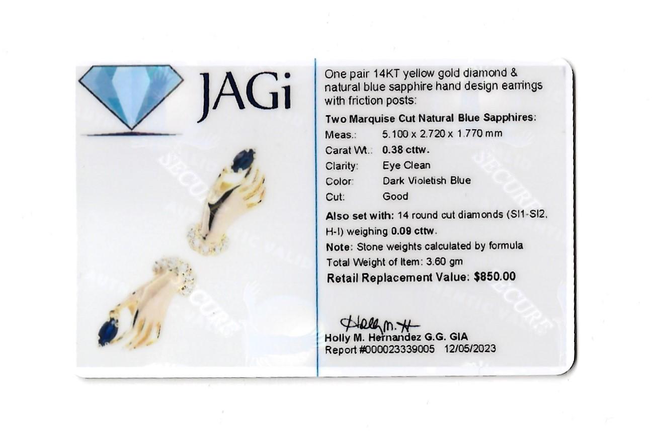 Blue Sapphire and Diamond Graceful Hands Stud Earrings in 14 Karat Yellow Gold For Sale 1
