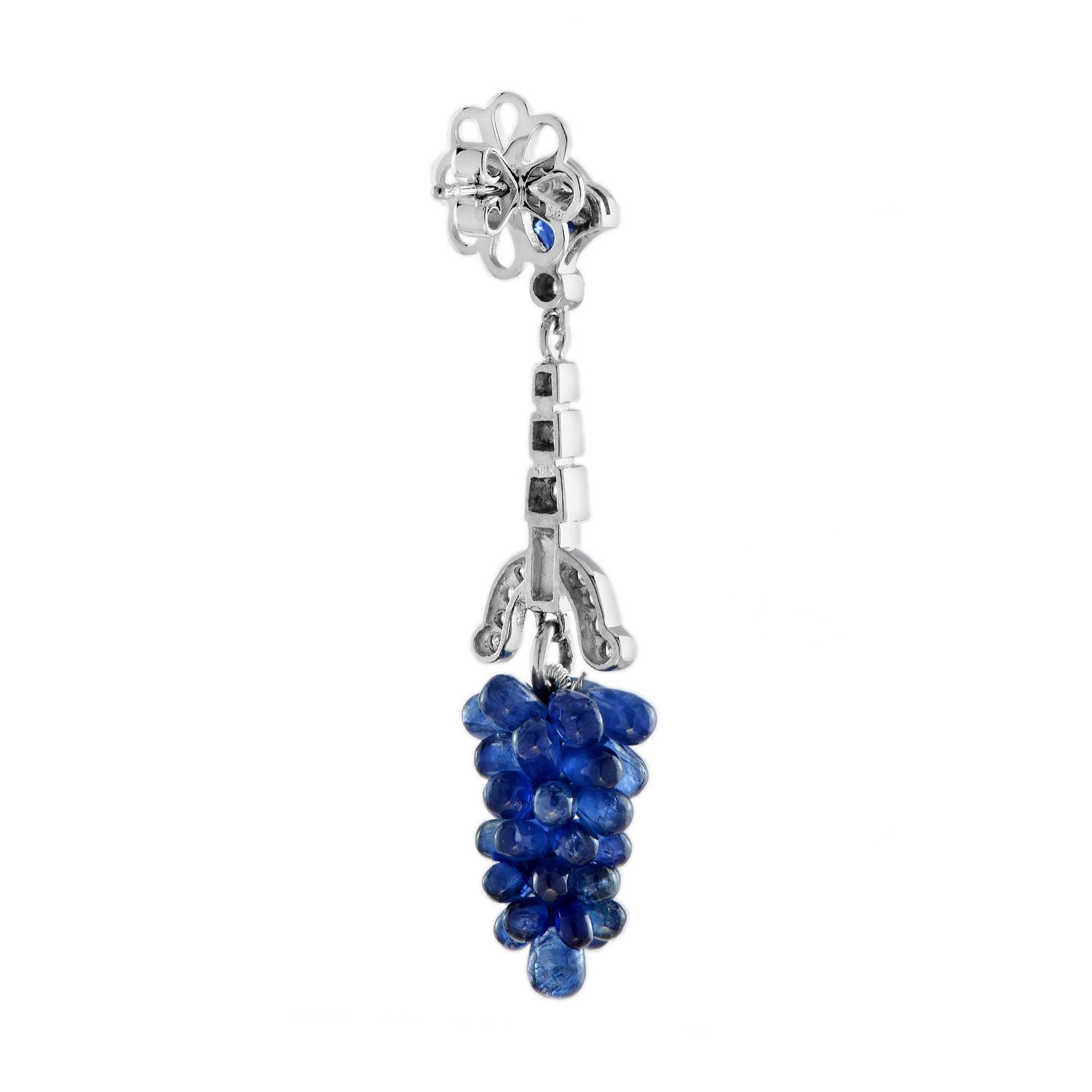 Blue Sapphire and Diamond Grape Cluster Dangle Earrings in 18K White Gold In New Condition For Sale In Bangkok, TH