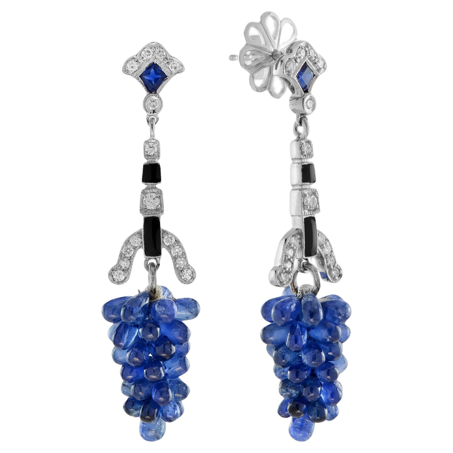 Blue Sapphire and Diamond Grape Cluster Dangle Earrings in 18K White Gold For Sale