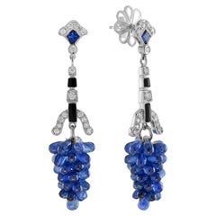 Blue Sapphire and Diamond Grape Cluster Dangle Earrings in 18K White Gold