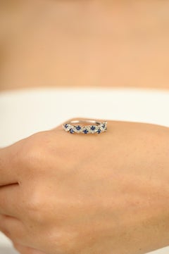 Blue Sapphire and Diamond Half Eternity Band Ring in 18K White Gold Fine
