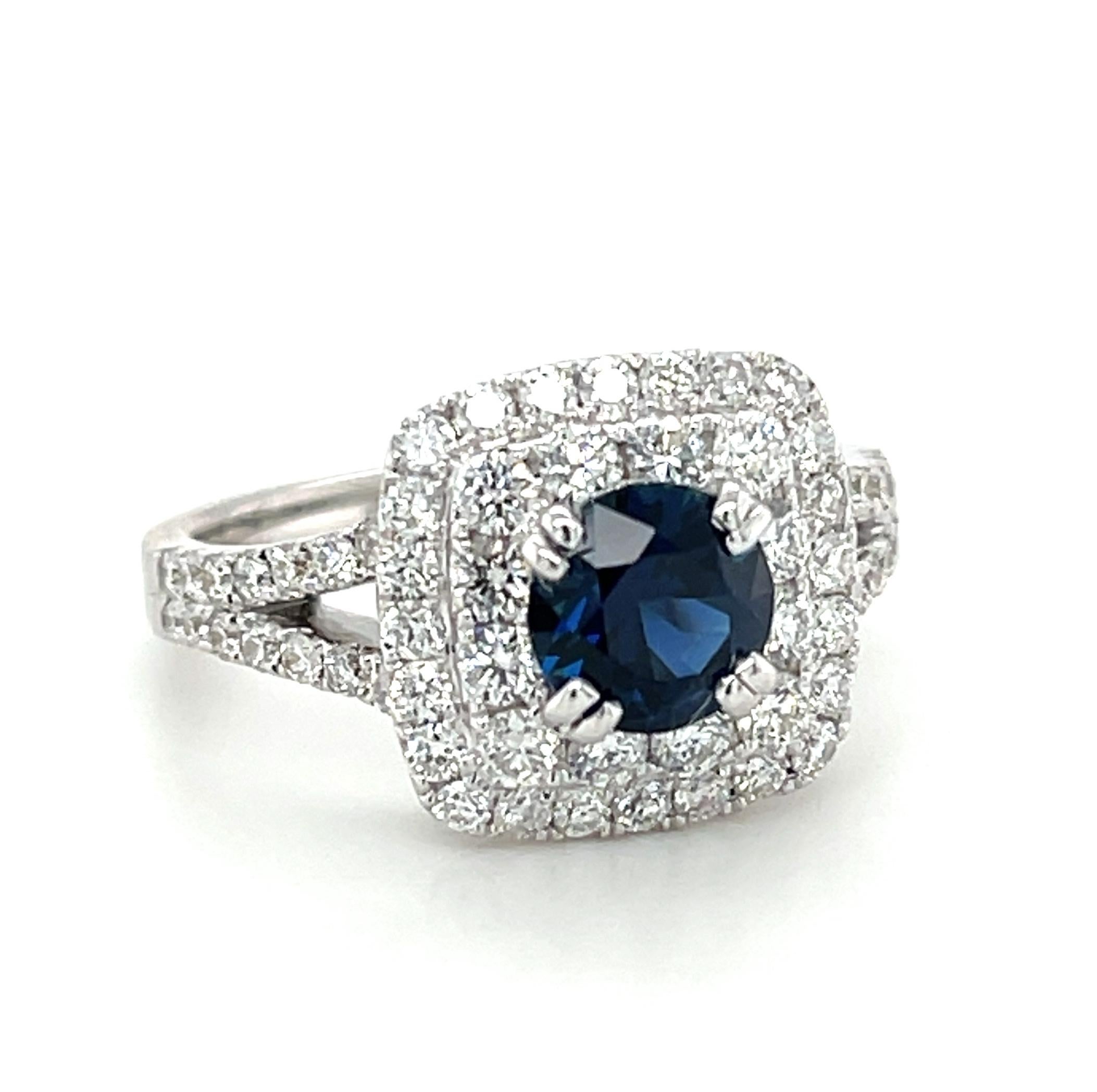 Artisan Blue Sapphire and Diamond Halo Cocktail Ring in 18k White Gold For Sale