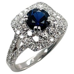 Blue Sapphire and Diamond Halo Cocktail Ring in 18k White Gold