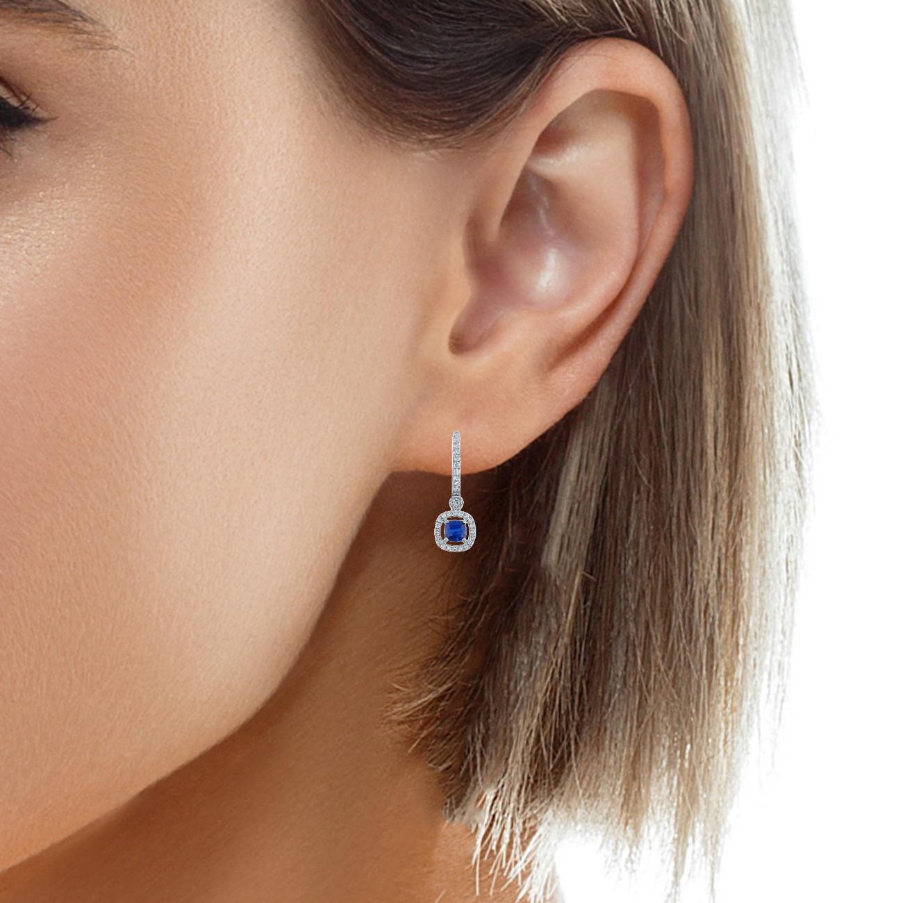 Blue Sapphire and Diamond Halo Dangling Drop Earrings in White Gold 2