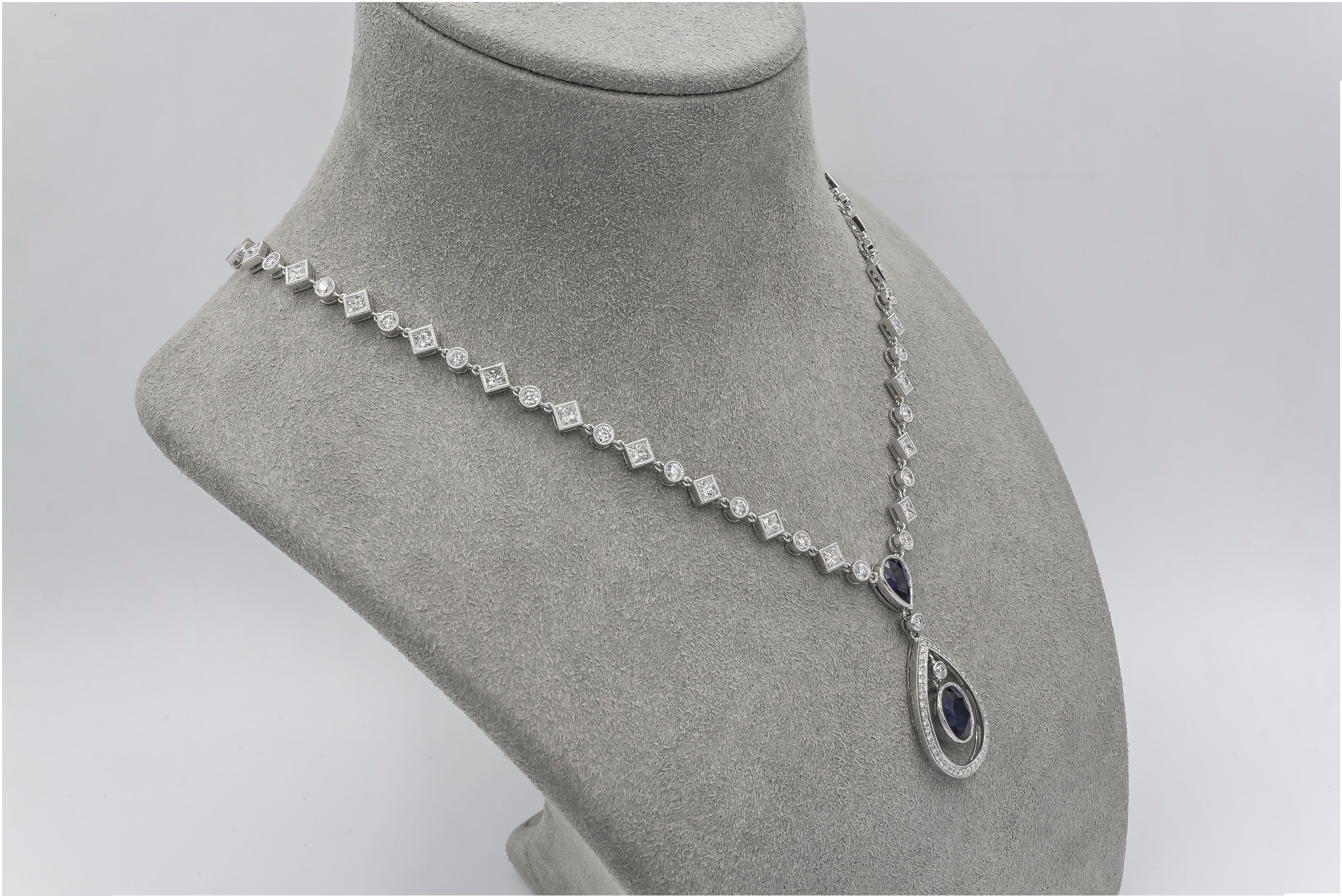 Mixed Cut Roman Malakov 4.29 Carats Total Blue Sapphire and Diamond Halo Drop Necklace For Sale