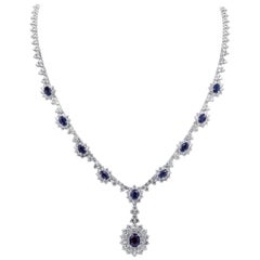 Roman Malakov Blue Sapphire and Diamond Halo Drop Pendant Necklace