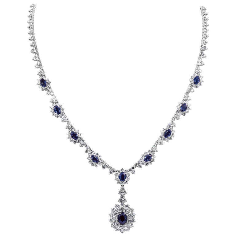 Blue Sapphire and Diamond Halo Drop Pendant Necklace For Sale at 1stdibs