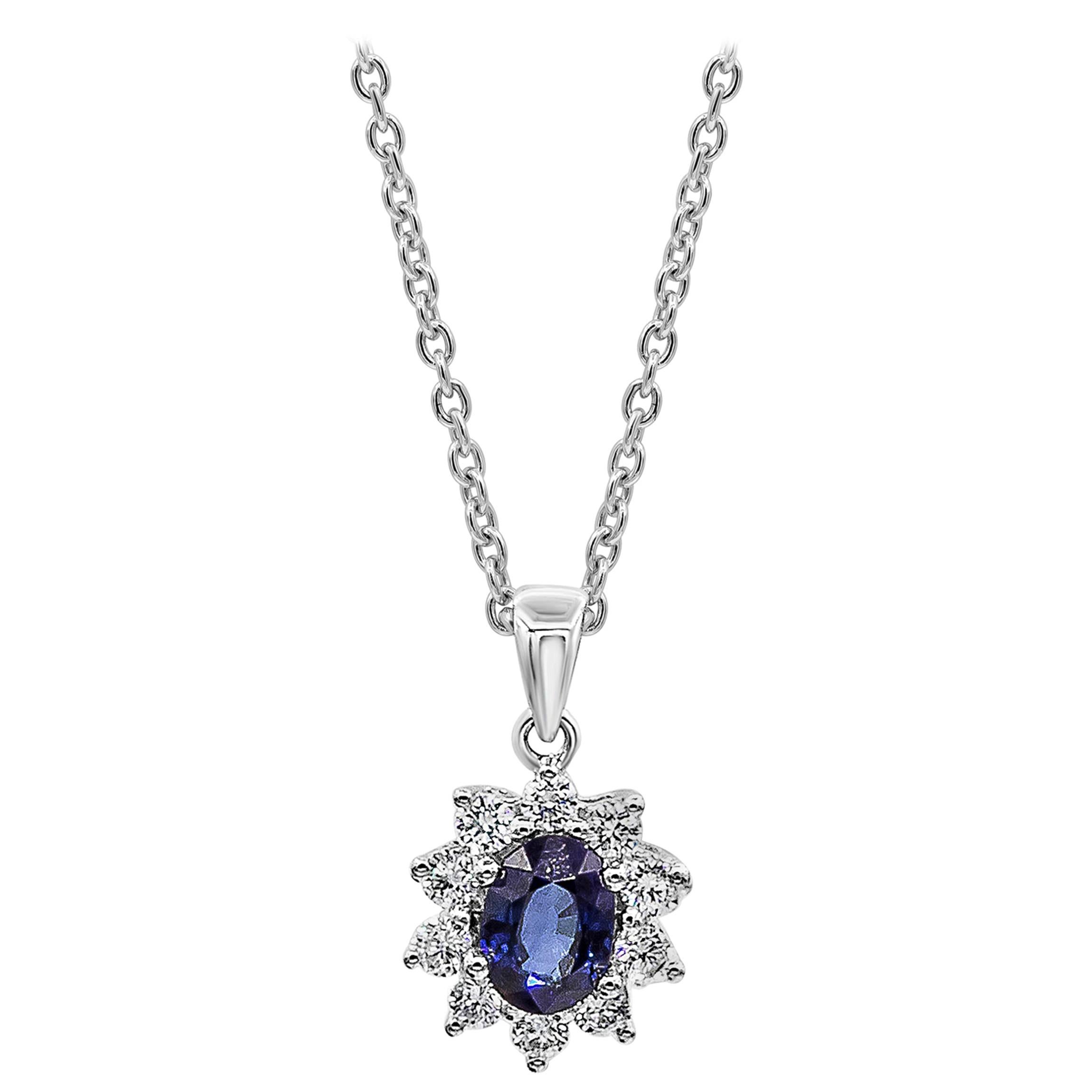 Roman Malakov 0.86 Carat Oval Cut Blue Sapphire Halo Flower Pendant Necklace For Sale