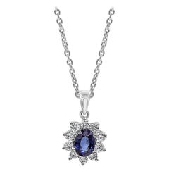 Roman Malakov 0.86 Carat Oval Cut Blue Sapphire Halo Flower Pendant Necklace
