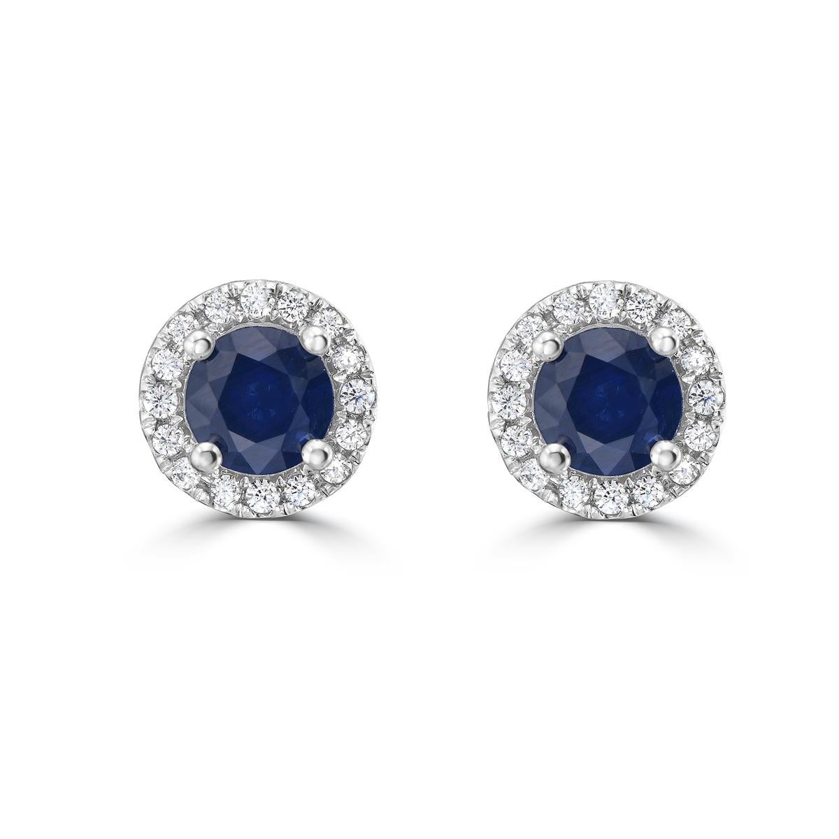 Round Cut Blue Sapphire and Diamond Halo Martini Stud Earrings For Sale