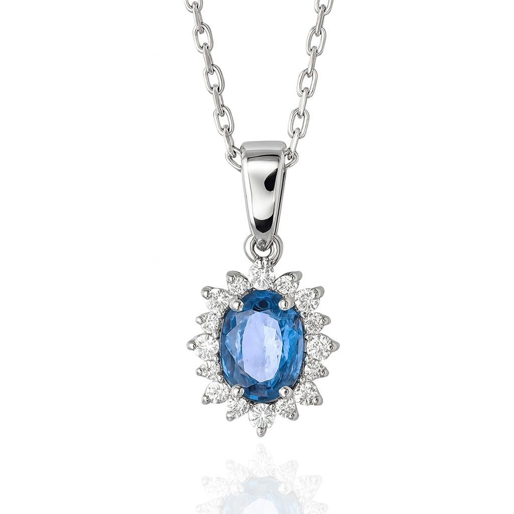 Blue Sapphire And Diamond Halo Necklace