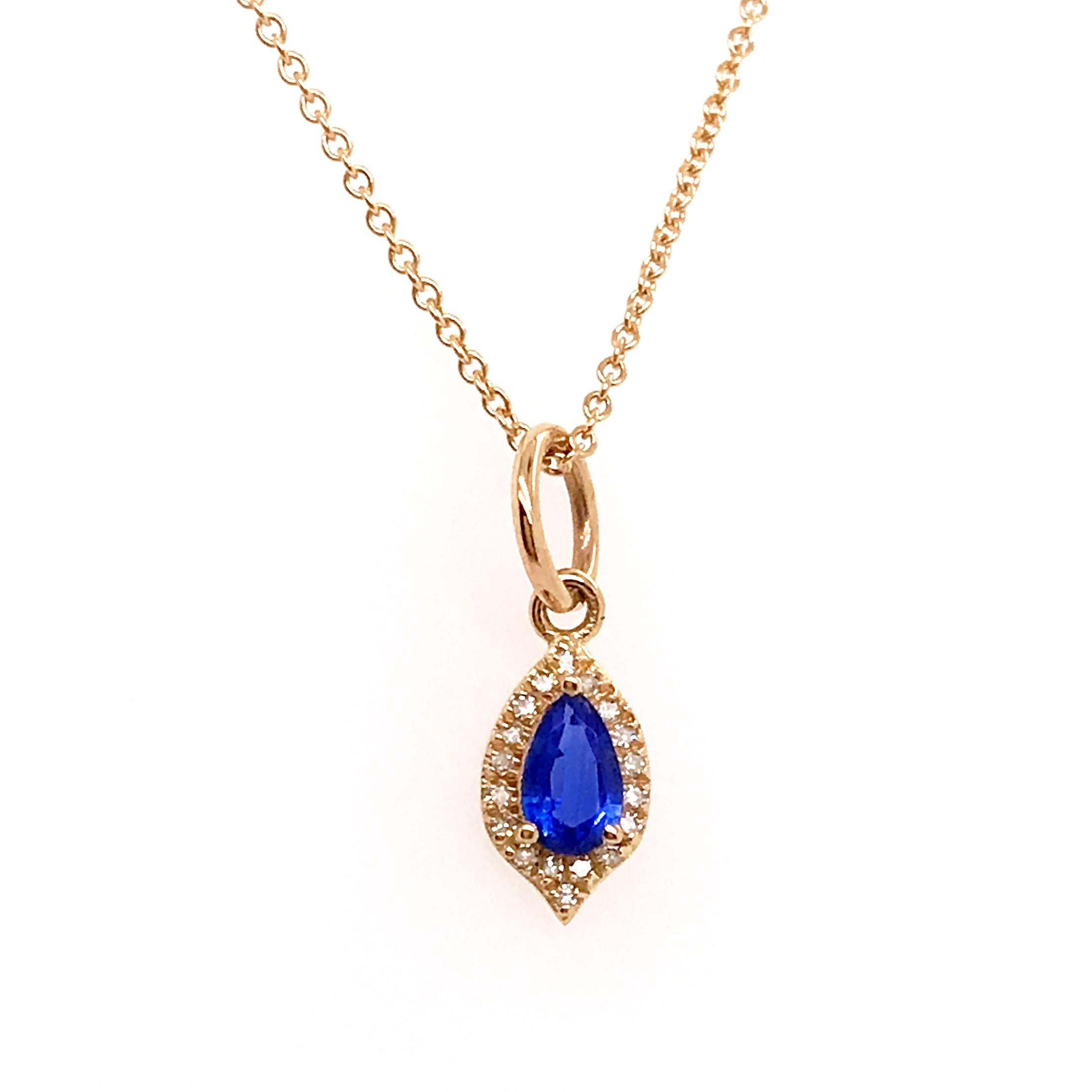 Modern Blue Sapphire and Diamond Halo Pendant in 14 Karat Yellow Gold, Long Necklace
