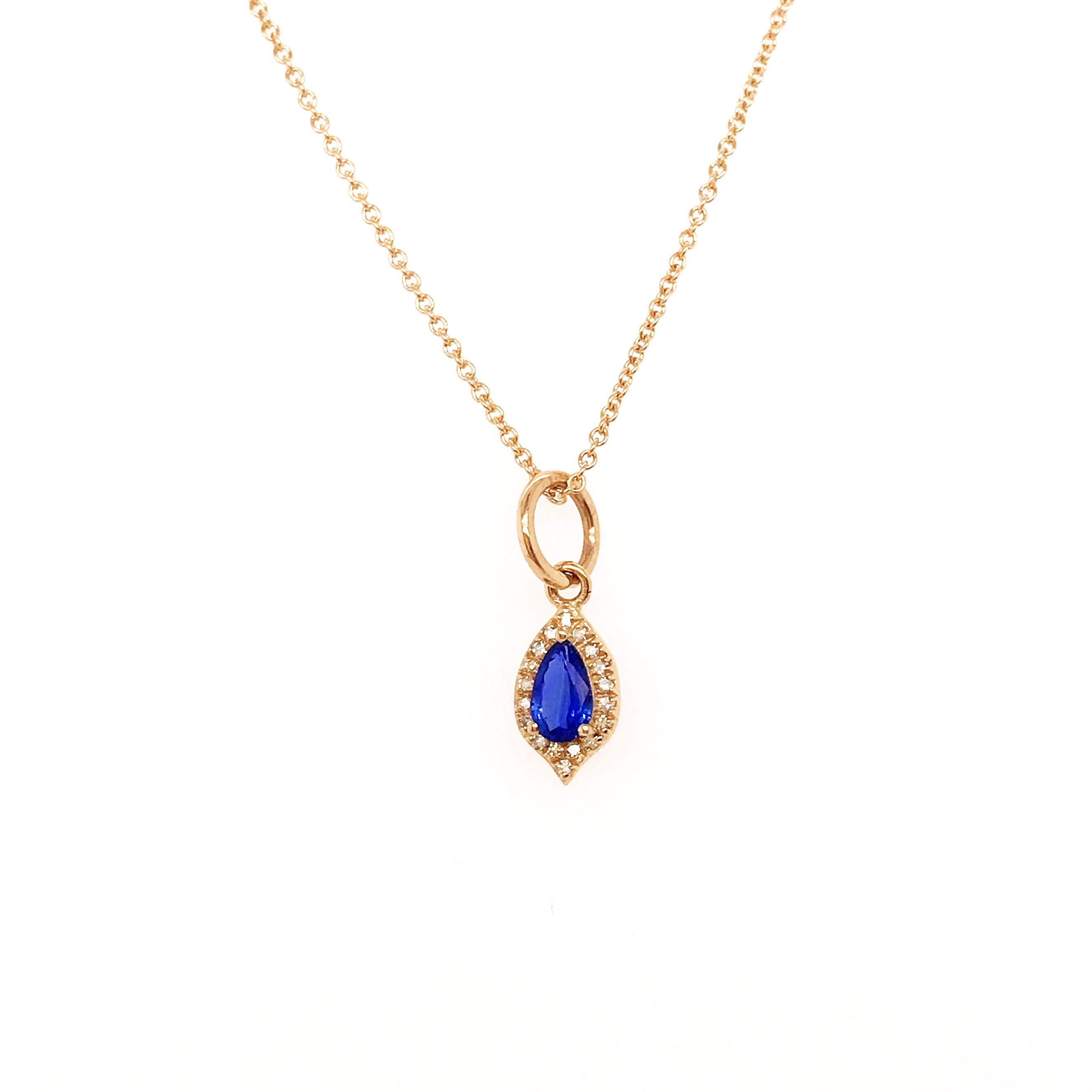 Pear Cut Blue Sapphire and Diamond Halo Pendant in 14 Karat Yellow Gold, Long Necklace