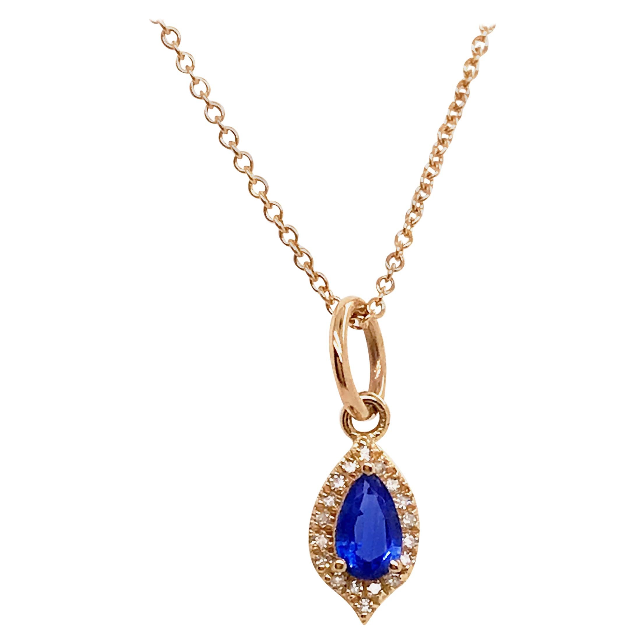 Blue Sapphire and Diamond Halo Pendant in 14 Karat Yellow Gold, Long Necklace