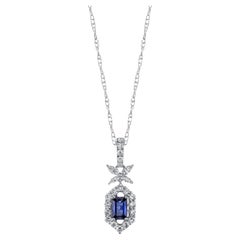 Blue Sapphire and Diamond Halo Pendant in White Gold with White Gold Chain