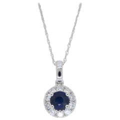 Blue Sapphire and Diamond Halo Pendant Necklace
