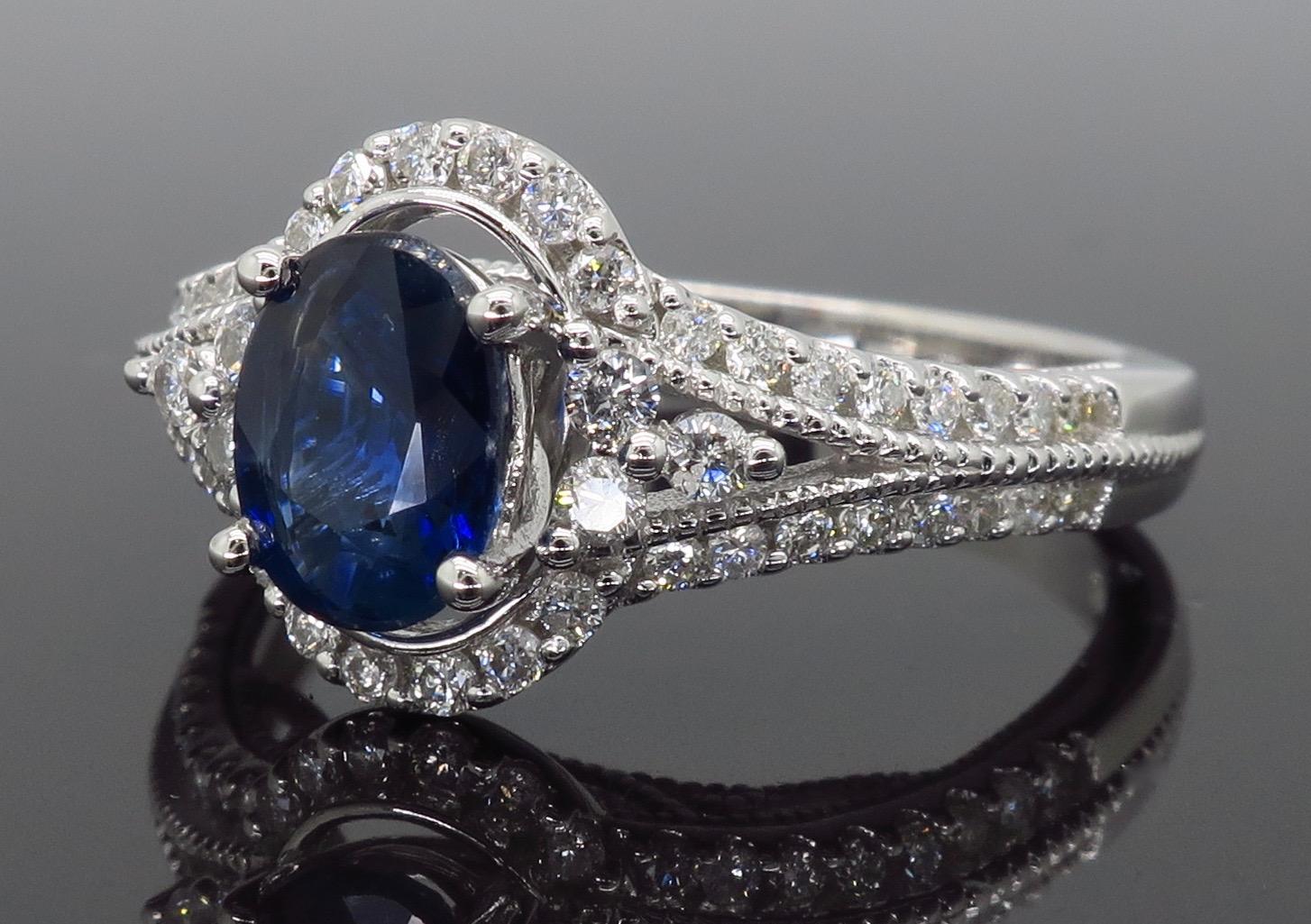 Blue Sapphire and Diamond Halo Ring In New Condition In Webster, NY