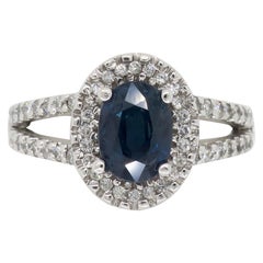 Blue Sapphire and Diamond Halo Ring