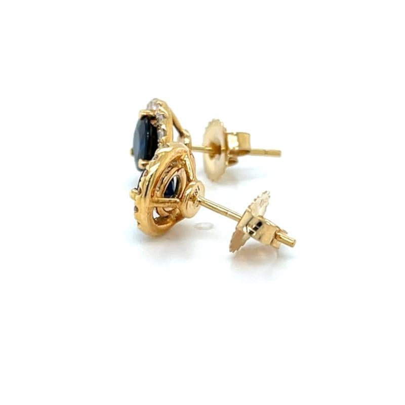 Artisan Blue Sapphire and Diamond Halo Round Stud Earrings in 18K Yellow Gold For Sale