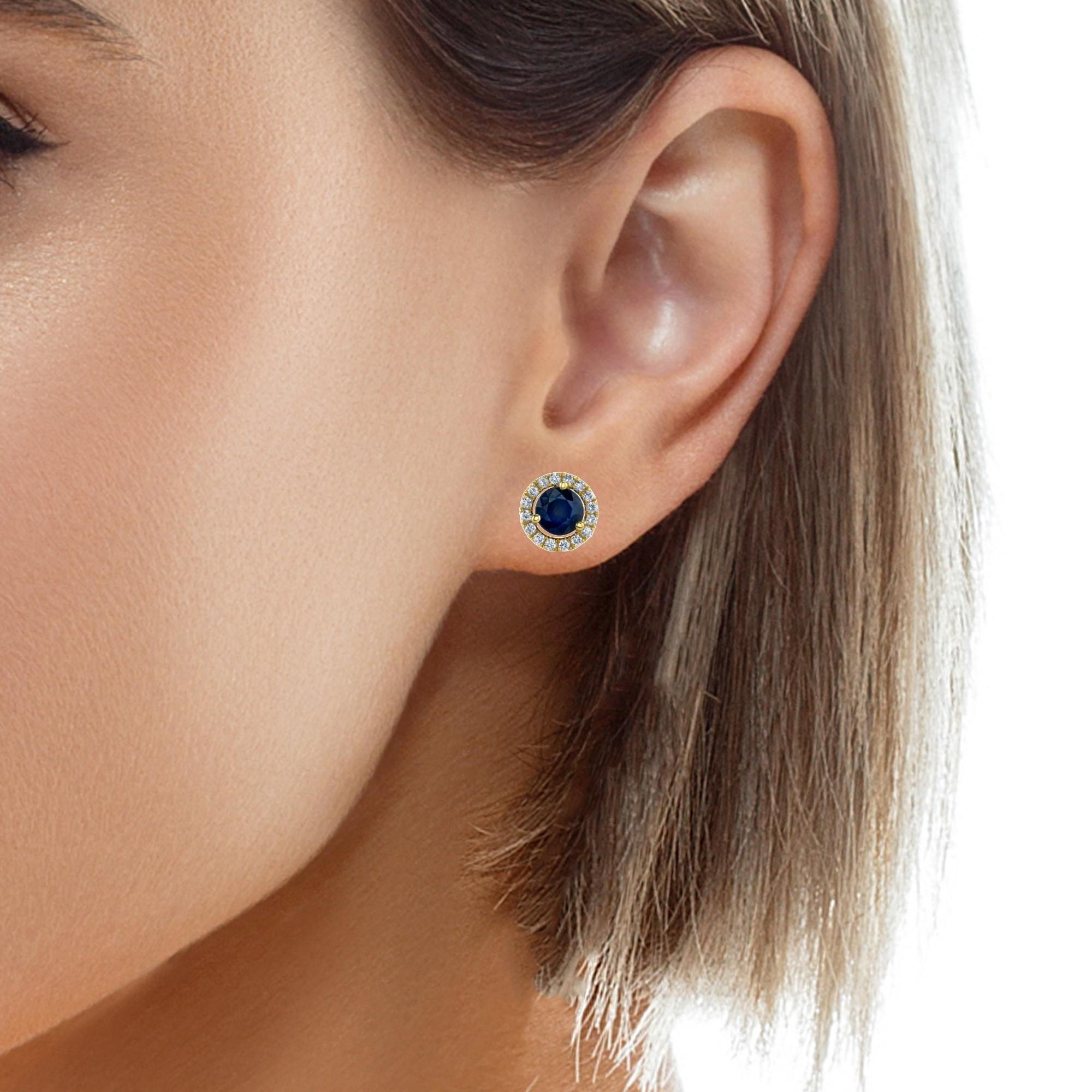 Blue Sapphire and Diamond Halo Round Stud Earrings in 18K Yellow Gold For Sale 3