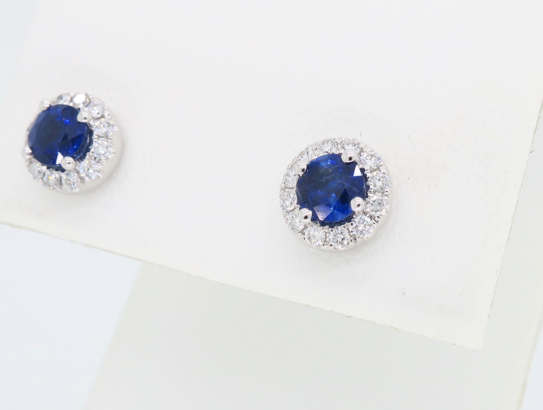 Blue Sapphire and Diamond Halo Stud Earrings In New Condition In Webster, NY