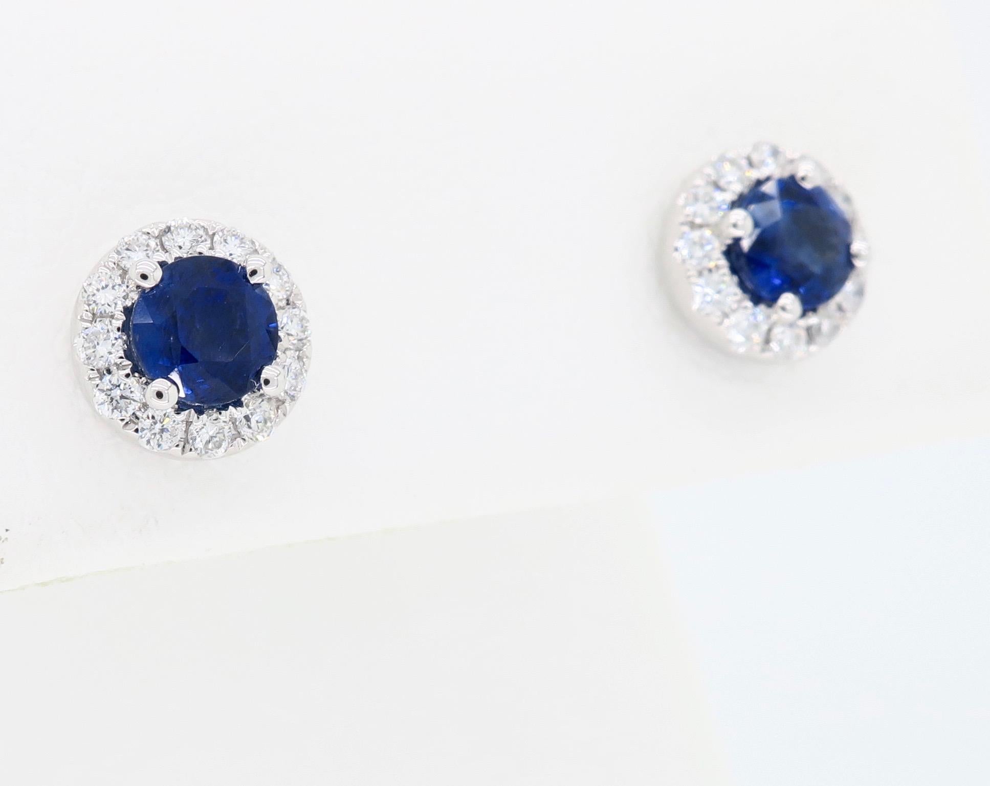 Women's or Men's Blue Sapphire and Diamond Halo Stud Earrings