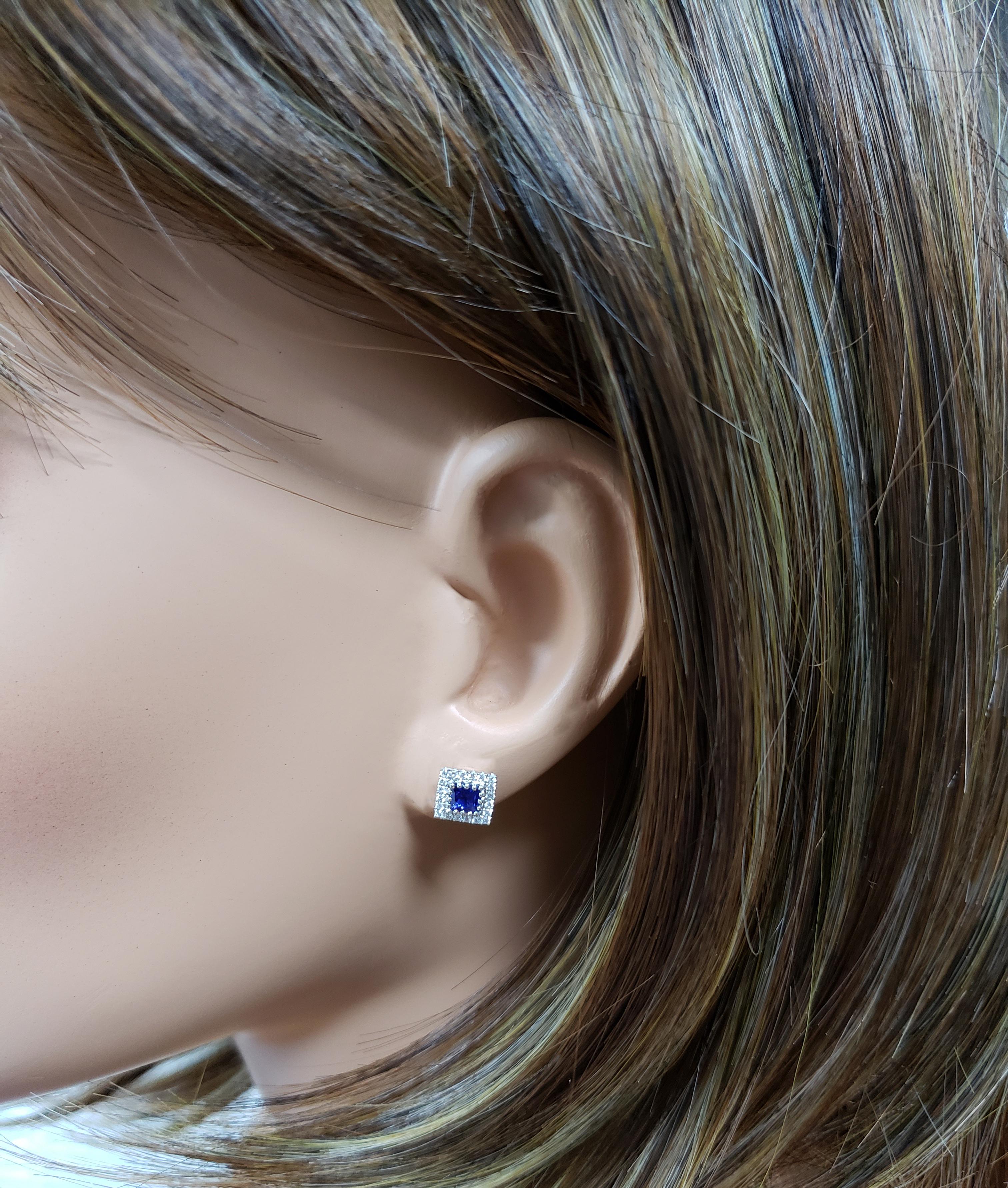 Contemporary Blue Sapphire and Diamond Halo Stud Earrings