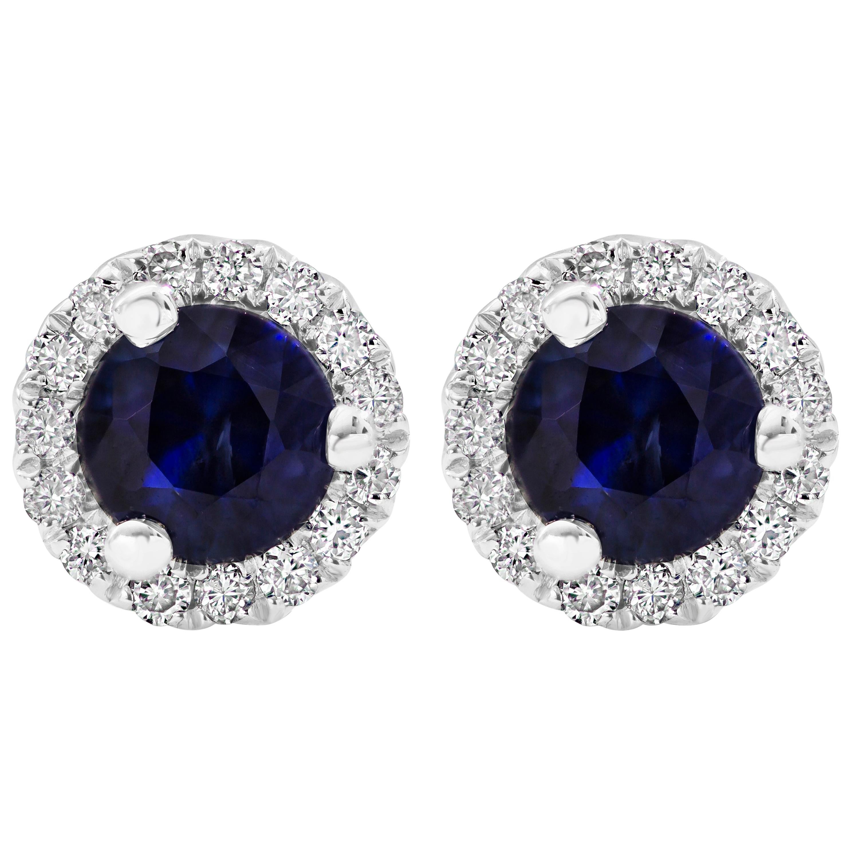 Blue Sapphire and Diamond Halo Stud Earrings