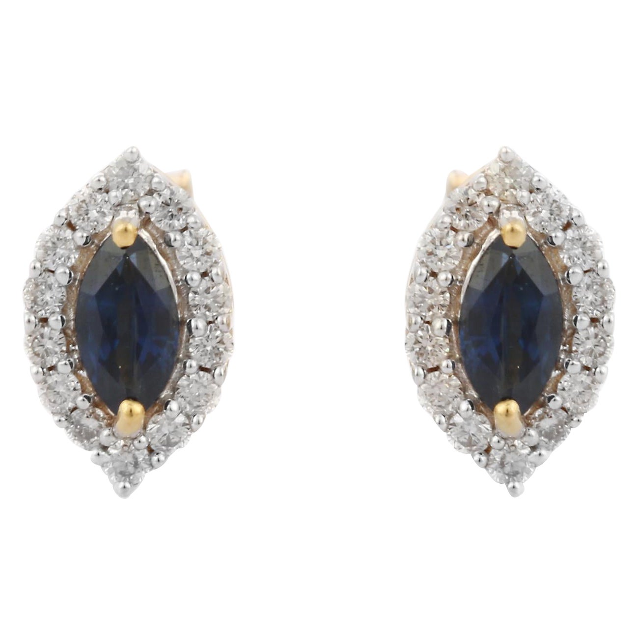 Blue Sapphire and Diamond Halo Stud Earrings in 18K Yellow Gold