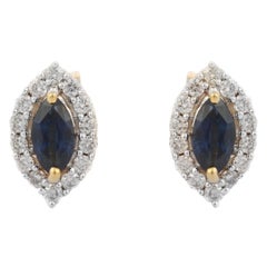 Blue Sapphire and Diamond Halo Stud Earrings in 18K Yellow Gold