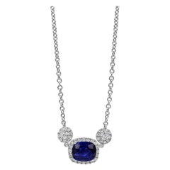 Roman Malakov Blue Sapphire and Diamond Halo Three-Stone Pendant Necklace