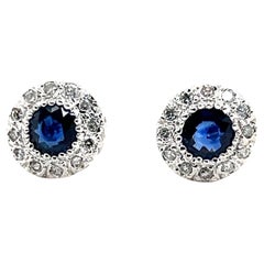 Blue Sapphire and Diamond Halo White Gold Stud Earrings