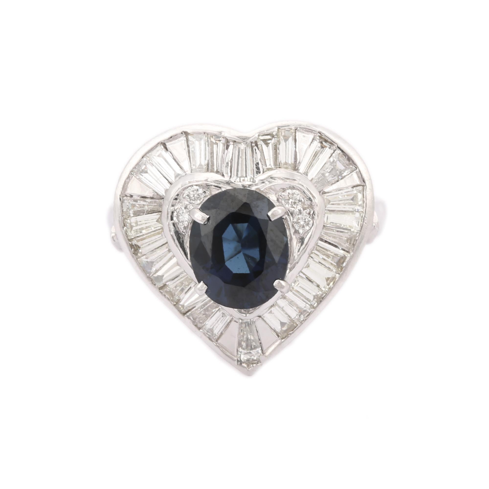 For Sale:  Blue Sapphire Diamond Heart Shape Wedding Ring in 18kt Solid White Gold 2