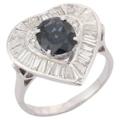 Blue Sapphire Diamond Heart Shape Wedding Ring in 18kt Solid White Gold