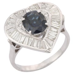 Alianza de zafiro azul con diamante en forma de corazón en oro blanco macizo de 18 quilates