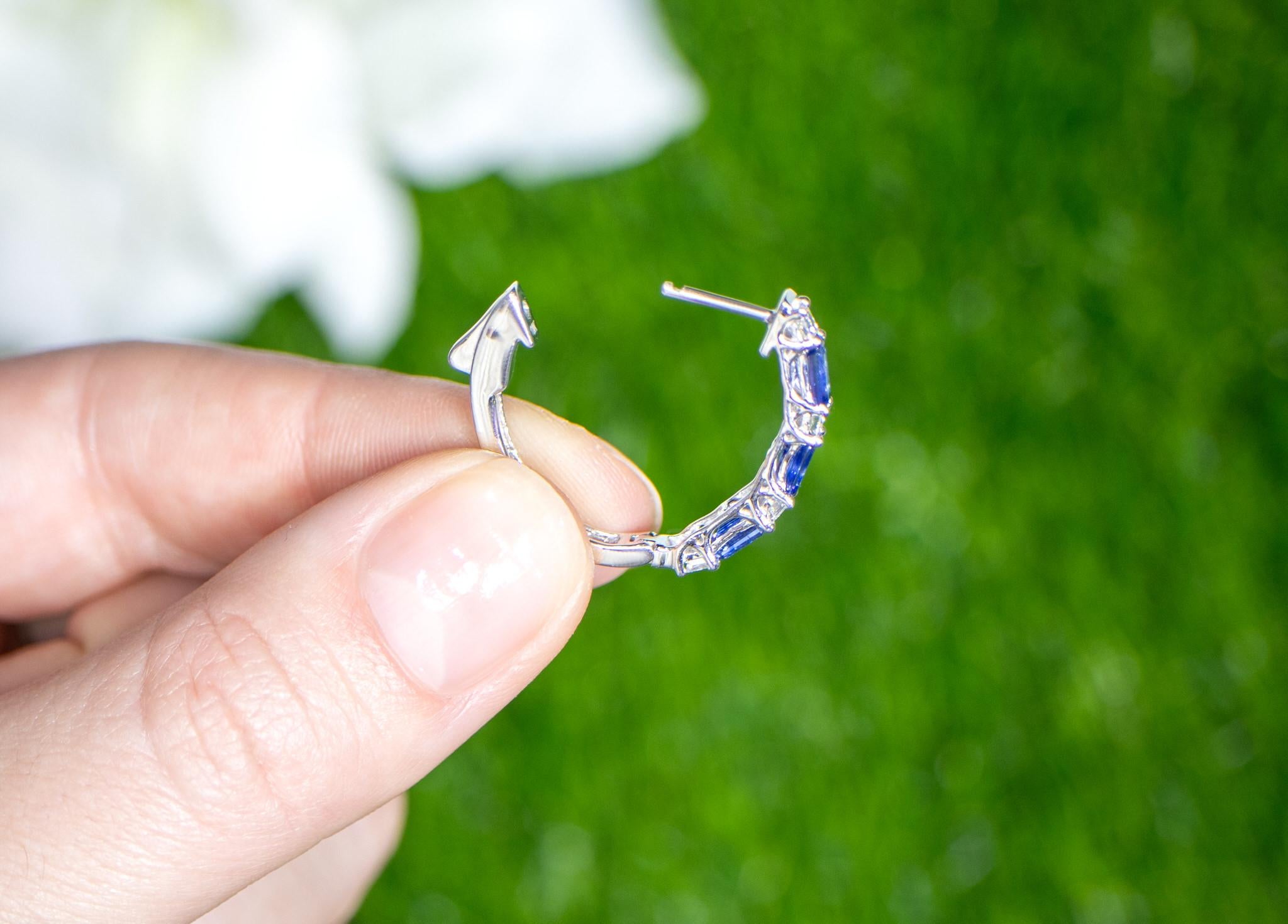 Blue Sapphire and Diamond Hoop Earrings 2.5 Carats 18K White Gold In Excellent Condition For Sale In Laguna Niguel, CA
